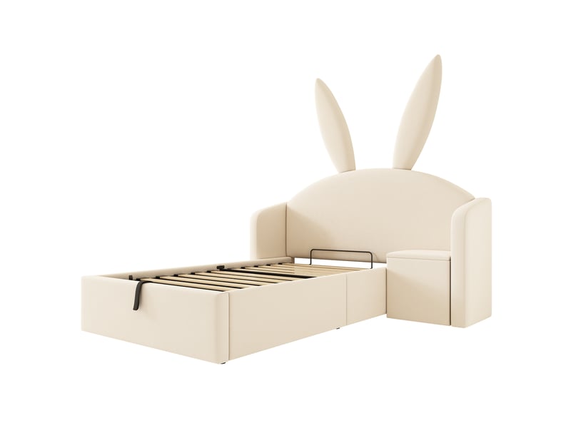  Lit coffre enfant 90x190cm, tête de lit oreilles de lapin, chevet, velours beige, sans matelas C-DEGAYUN - Conforama A