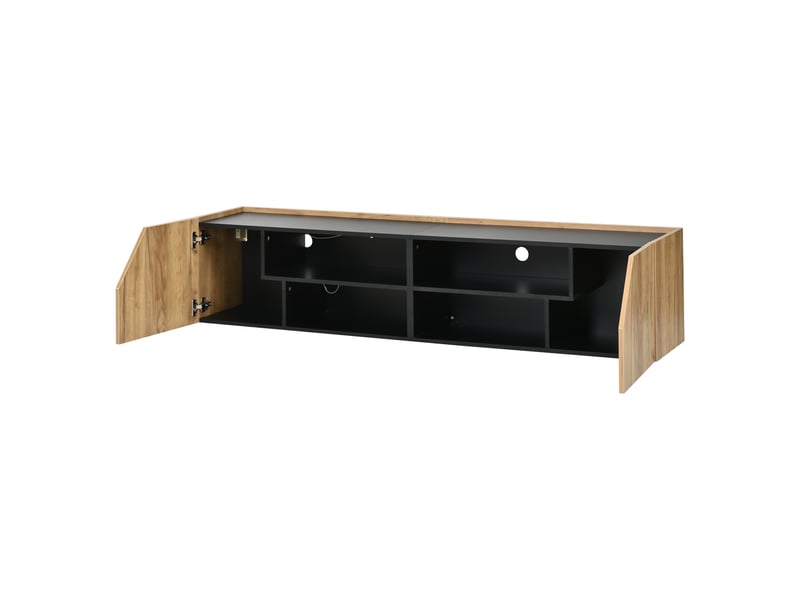 Meuble tv mural 180 cm noir et naturel, led bluetooth, 2 portes, 6 rangements et passe-câbles Fay Lum - Conforama C