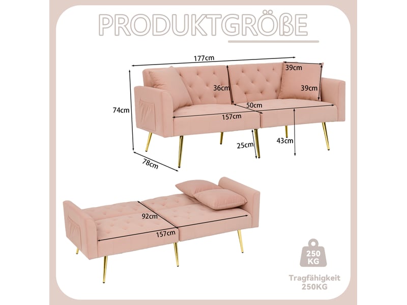  Canapé convertible 2 places 177x78x74 cm rose velours, dossier réglable 3 positions avec 2 coussins  - Conforama C