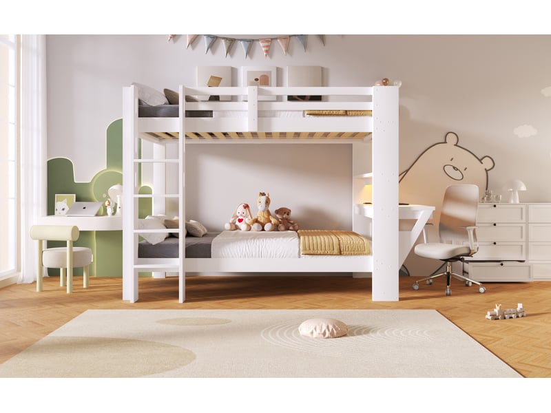  Lit superposé 90x200 cm, avec bureau et prises, led, en bois, blanc, sans matelas  - Conforama D