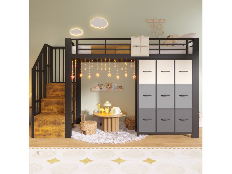  Lit mezzanine 90x200 cm avec rangement et penderie en métal et mdf noir  - Conforama C