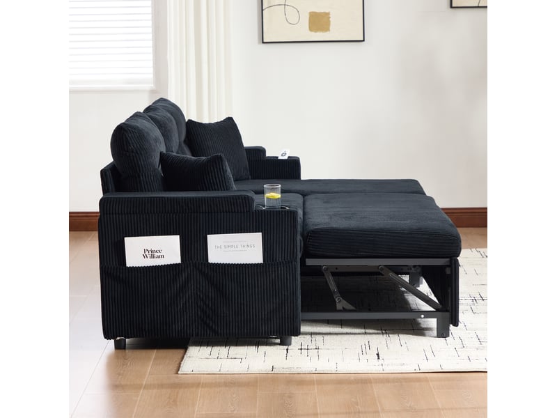  Canapé convertible modenvie 3 places avec méridienne rangement usb-c noir en velours côtelé 212,5 x 136 cm  - Conforama E