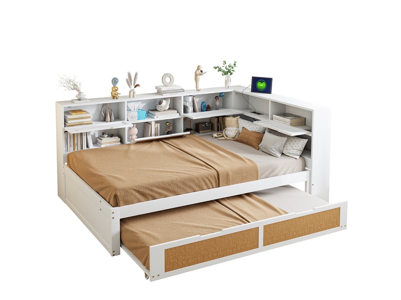  Canapé-lit en bois massif 140x200 cm avec lit gigogne, lit enfant avec port de recharge, lit double, blanc  - Conforama R