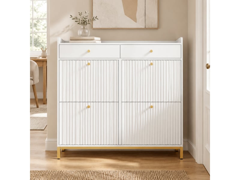  Meuble à chaussures à 4 abattants et 2 tiroirs, 106,5x25x107 cm, blanc  - Conforama D