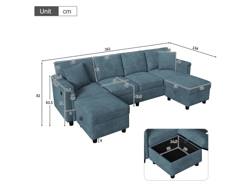 Canapé modulaire 6 places avec configuration en l ou u, rangement, usb et usb-c en chenille bleu, 261 × 134 × 82 cm - Conforama D