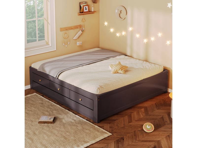  Lit double 140x200 cm -  avec lit gigogne 90x190 cm et 3 tiroirs - sommier à lattes - mdf+pin - marron (sans matelas)  - Conforama D