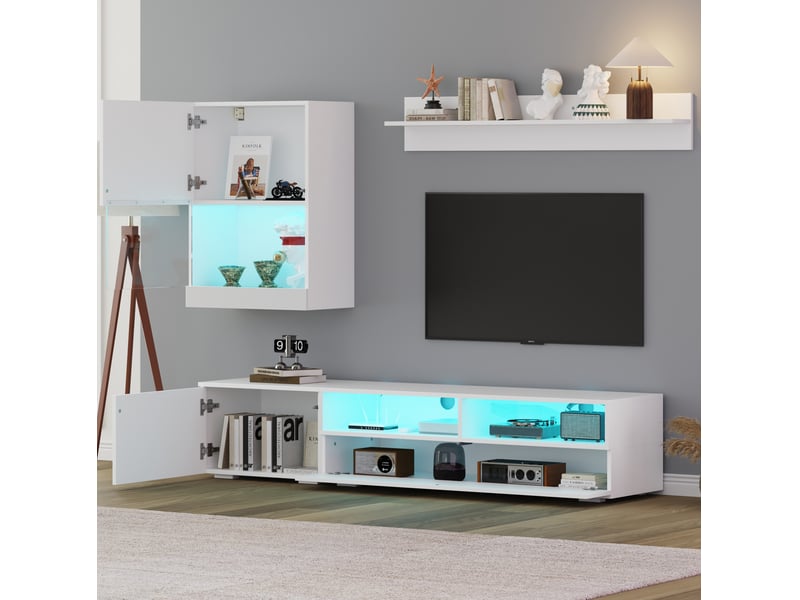  Ensemble meuble tv 3 pièces blanc avec led, pour téléviseur jusqu'à 80 pouces  - Conforama C