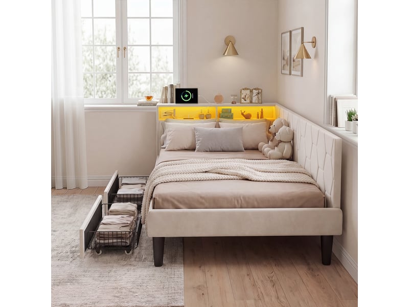 Lit banquette 90x200 cm avec led rgb et usb chargeur, canapé-lit rembourré avec rangement et tête de lit capitonnée lit ado avec tiroirs et cadre de lit à lattes beige velours, sans matelas - Conforama W