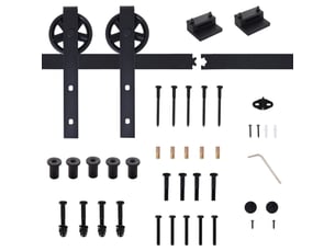 Kit de ferrure pour porte coulissante 200 cm en acier carbone noir avec rail, roulettes, butées, guide au sol et vis, système complet intérieur