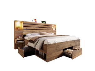 Lit coffre 160x200 cm double avec tiroirs, led et usb-c, tête de lit avec niches éclairées et tables de chevet suspendues - aspect chêne