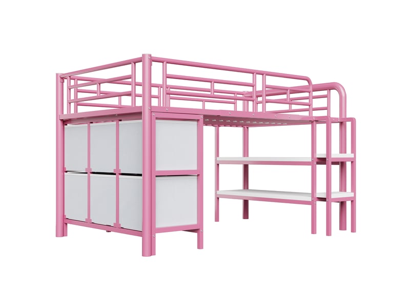  Lit mezzanine enfant métal rose 90x200 cm, escalier large, tiroirs et étagères de rangement  - Conforama E