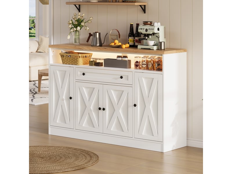 Buffet bas 140x35x95 cm blanc avec led rgb, 4 portes style grange, tiroir, étagères de rangement, meuble tv cuisine salle à manger moderne - Conforama C