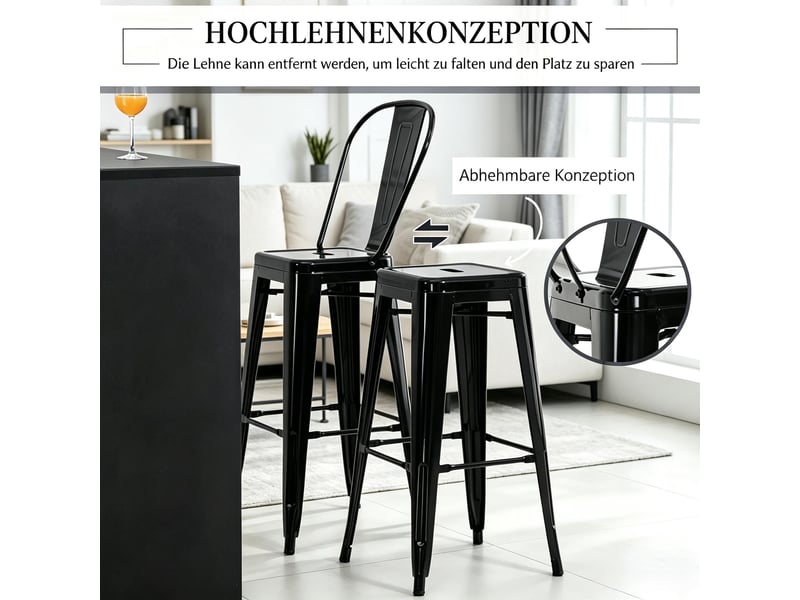 Tabourets de bar lot de 4 empilables avec dossier amovible - lpospi - repose-pieds, métal - noir - Conforama E