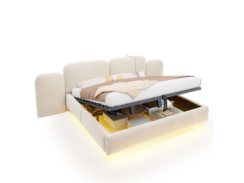  Lit coffre 180x200 cm en velours beige avec led rgb, usb et usb-c  - Conforama A