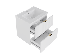 Meuble lavabo suspendu 61x46x57 cm – blanc – 2 tiroirs silencieux avec vasque en céramique intégrée