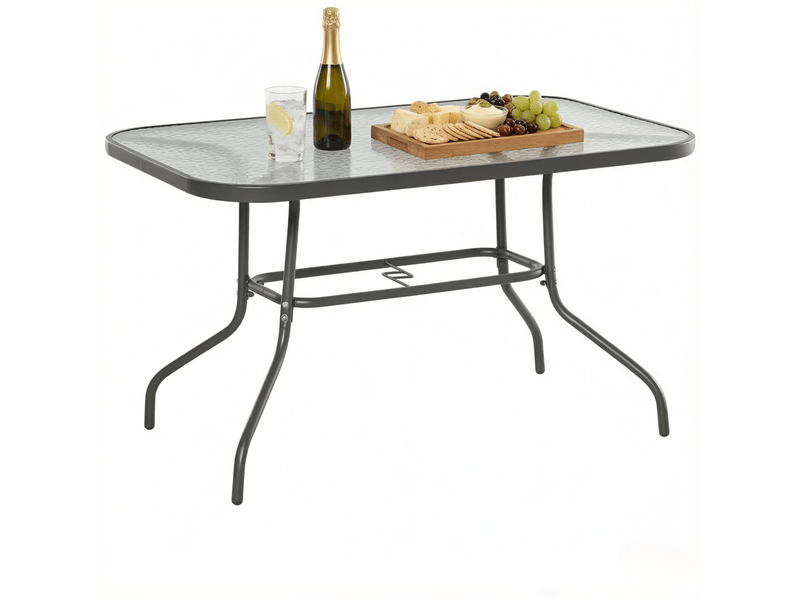  Table de patio élégante, table extérieure rectangulaire, table à manger avec trou parasol intégré  - Conforama A