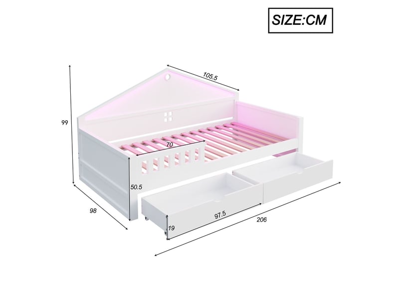  Lit avec tiroirs 90x200, tiroirs spacieux lit une personne, sommier inclus, led contrôlée smartphone, structure bois  - Conforama C