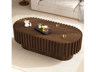 Table basse ovale 100x50x35,5 cm avec tiroir en mdf couleur noyer, design moderne, décor à lamelles verticales