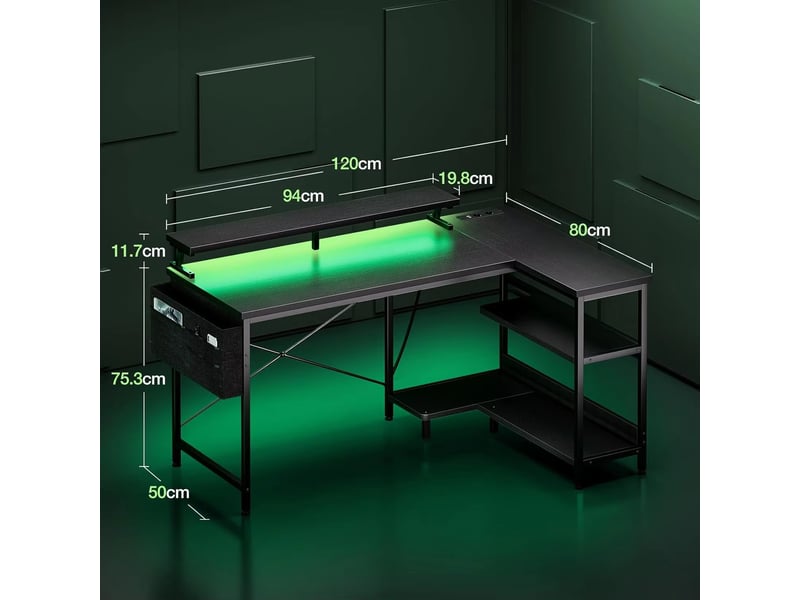  Bureau gamer d’angle 120 x 80 cm avec led, table en l avec étagères réversibles, prises et usb  - Conforama E