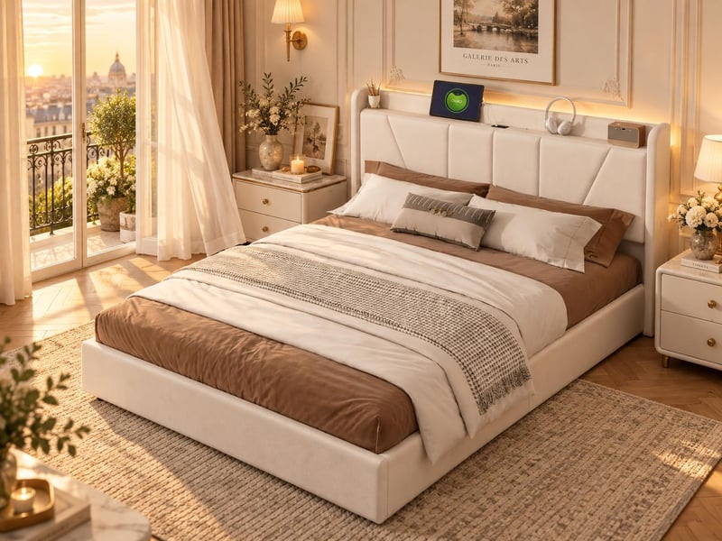  Lit coffre 140x200 cm - ports usb + type-c - tête de lit avec étagère - sommier relevable  - Conforama B