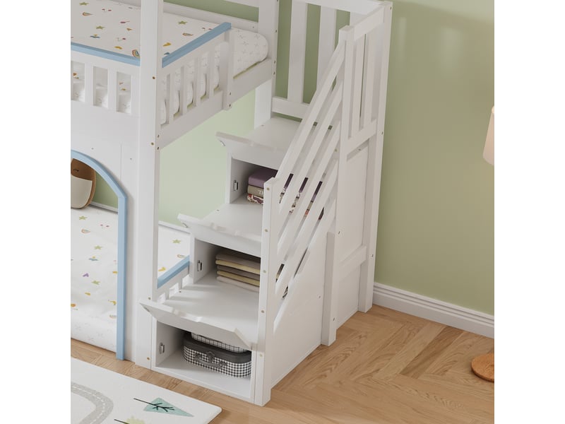  Lit superposé 90x200 cm blanc et bleu – bois, escalier et rangements, fenêtres décoratives, sommier inclus  - Conforama D