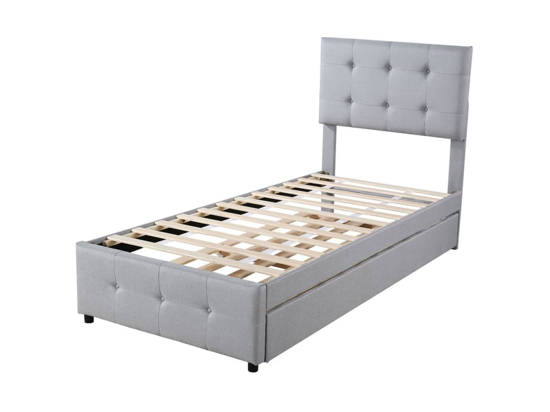  Lit gigogne 90x200 cm en lin gris doux respirant et capitonné - lit double - tête de lit réglable, lit enfant et invité, gain place  - Conforama E