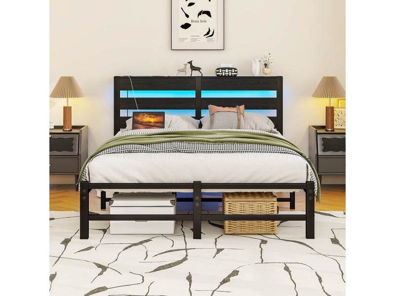  Cadre de lit, lit double 120x200 cm, rangement intégré, led, usb, métal et bois noir, sans matelas  - Conforama A