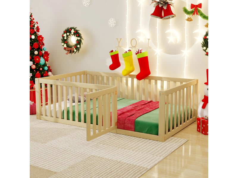  Lit enfant 90x200cm,lit simple en bois massif avec barrière et porte,naturel lit enfant naturel - Conforama B