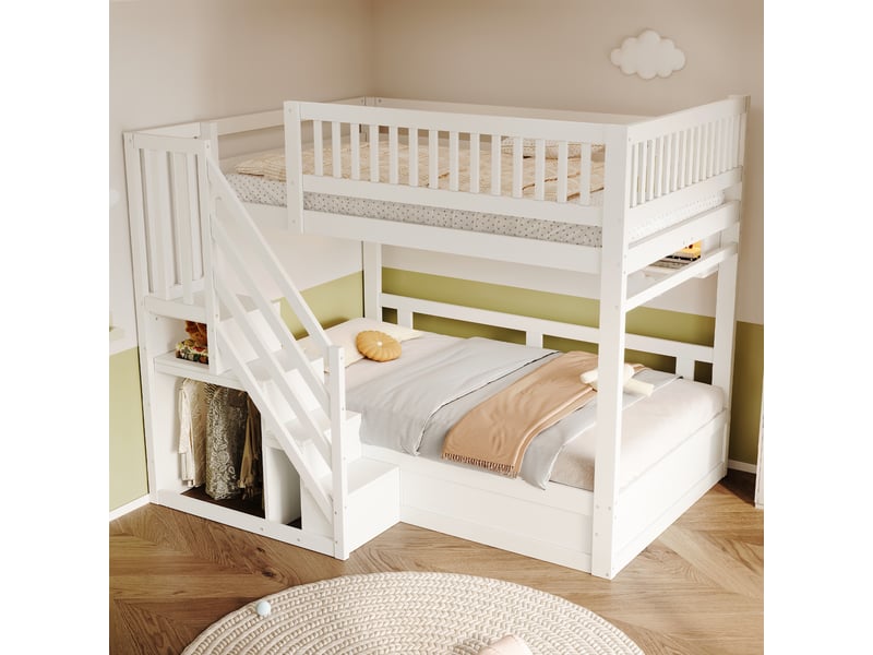  Lit mezzanine enfant 140x200 cm en bois avec escalier rangement, led, prises usb, coffres de rangement et garde-corps sécurisé - blanc  - Conforama E