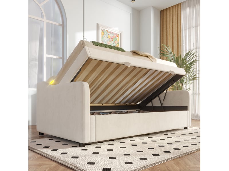  Lit coffre enfant 90x200cm, design ondulé, lumières avec éclairage led multicolores, velours, beige sans matelas  - Conforama D