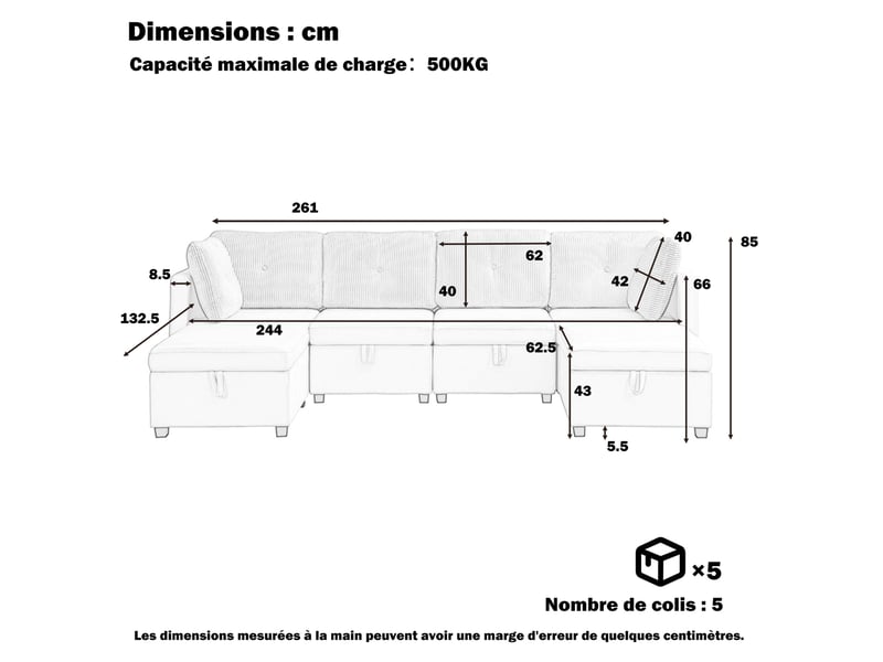  Canapé modulaire u 6 places avec rangements, convertible en couchage, velours et velours côtelé gris antique  - Conforama D