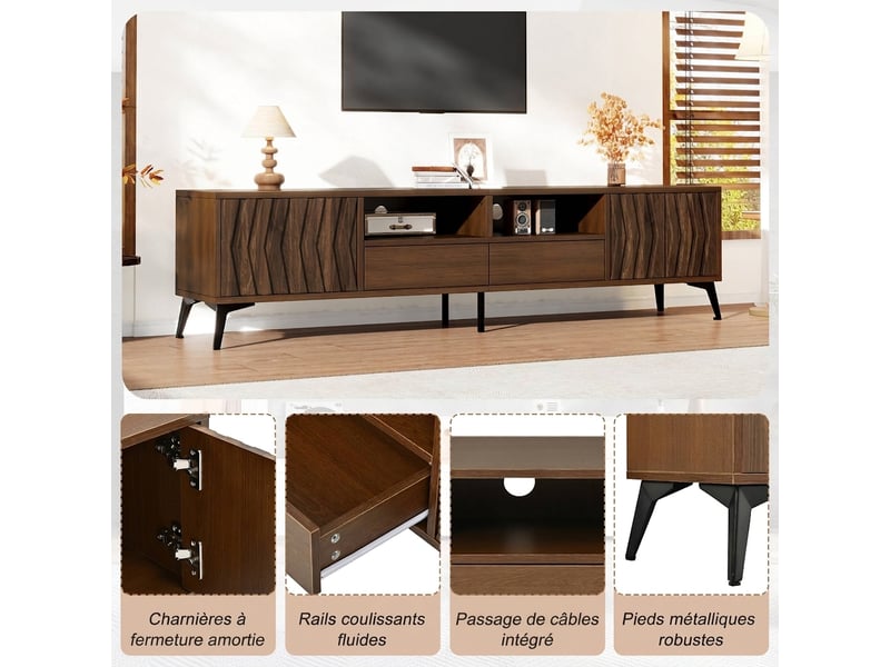  Meuble tv 180 cm couleur noyer pour téléviseur 75 pouces avec 2 portes et relief géométrique  - Conforama R