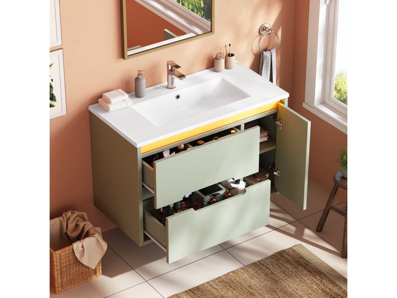 Meuble vasque suspendu 81 cm, céramique, façade ondulée led, tiroirs, portes amorties, étagères réglables, sans robinet, mdf + céramique, vert - Conforama E