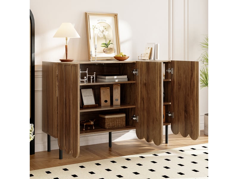  Buffet bas moderne en mdf décor noyer – portes ondulées sans poignées, 120 x 35 x 80 cm  - Conforama B