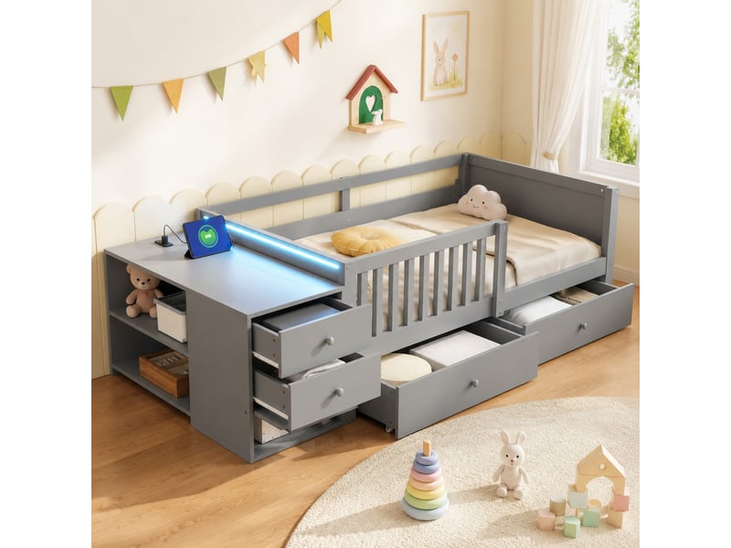  Lit mezzanine 90x200 cm avec rangement et éclairage led en métal, contreplaqué et mdf gris  - Conforama B