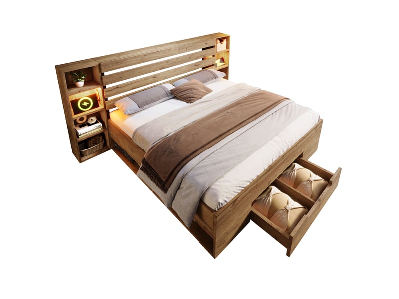  Lit adulte 160 × 200 cm 2 places avec led réglable, usb, type-c, étagères et 2 tiroirs, matelas inclus, chêne  - Conforama A