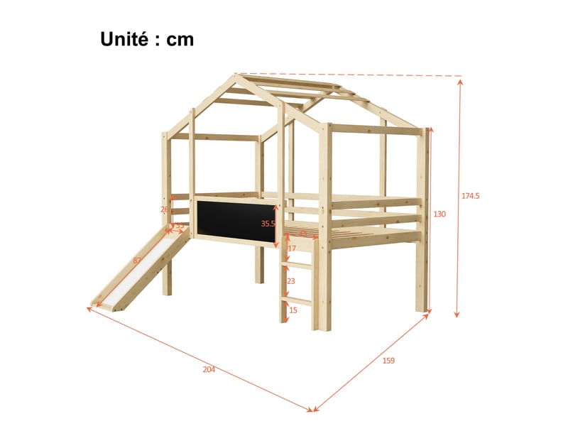  Lit mezzanine enfant en bois massif, lit simple avec toboggan, échelle et tableau, 200x90 cm, sans matelas  - Conforama D