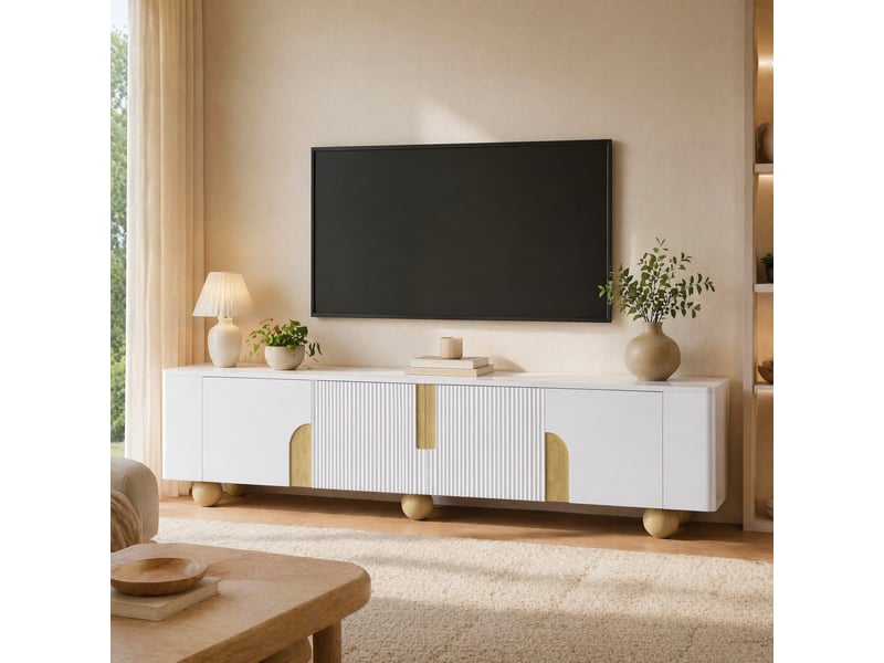  Meuble tv 180 cm à 4 portes, effet marbre, mdf, panneaux de particules, blanc  - Conforama B