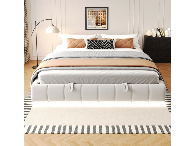  Lit coffre sans tête de lit 180 x 200 cm, coffre à relevage hydraulique, éclairage led, sans tête de lit, effet suspendu, velours, beige ABC - Conforama E