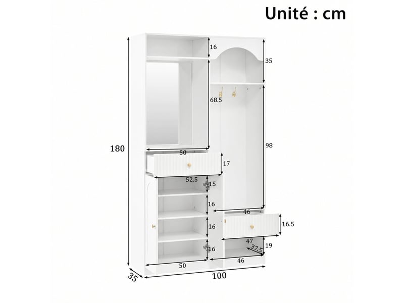  Banc de rangement avec miroir et led - lpospi - patères, rangements réglables, mdf blanc 100 × 35 × 180 cm  - Conforama E