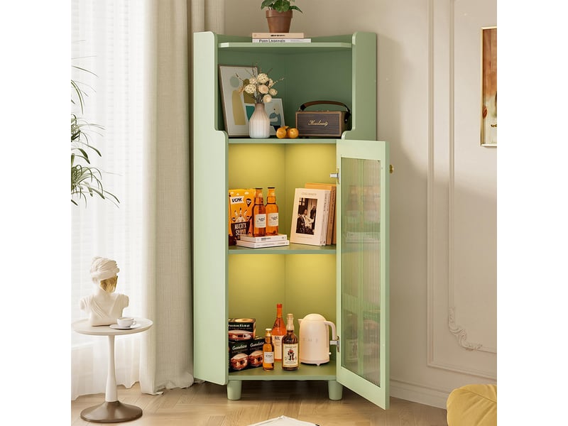 Armoire d'angle verte moderne avec éclairage led et commande application 63.5*124 cm pour salon bibliothèque salle de bain - Conforama D