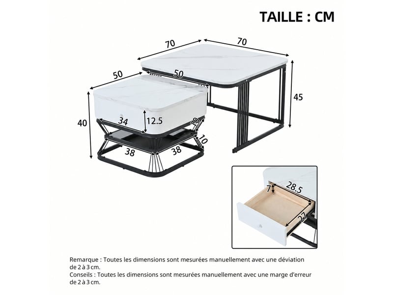  Ensemble de deux tables basses gigognes, effet marbre brillant, 1 tiroir, blanc et noir  - Conforama E