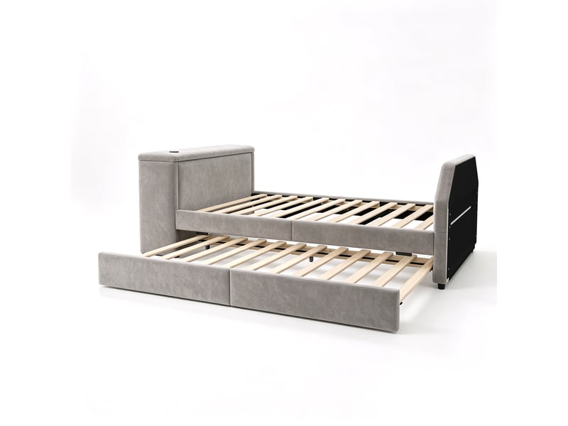 Lit enfant gigogne rembourré 90x200 cm gris avec bureau intégré, usb et couchage d’appoint Fay Lum - Conforama D