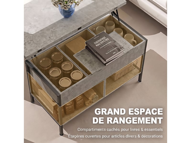  Table basse relevable et extensible, 98x49x55cm, table de salon avec compartiment caché étagères ouvertes, gris  - Conforama E
