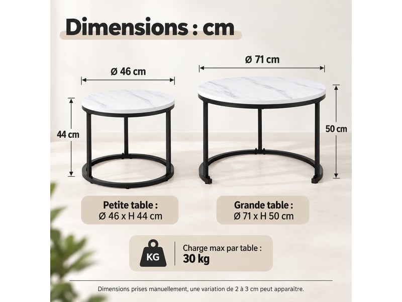  Lot de 2 tables gigognes rondes effet marbre blanc en mdf et métal, ø 50 x h 70,5 cm et ø 45,5 x h 44 cm  - Conforama C