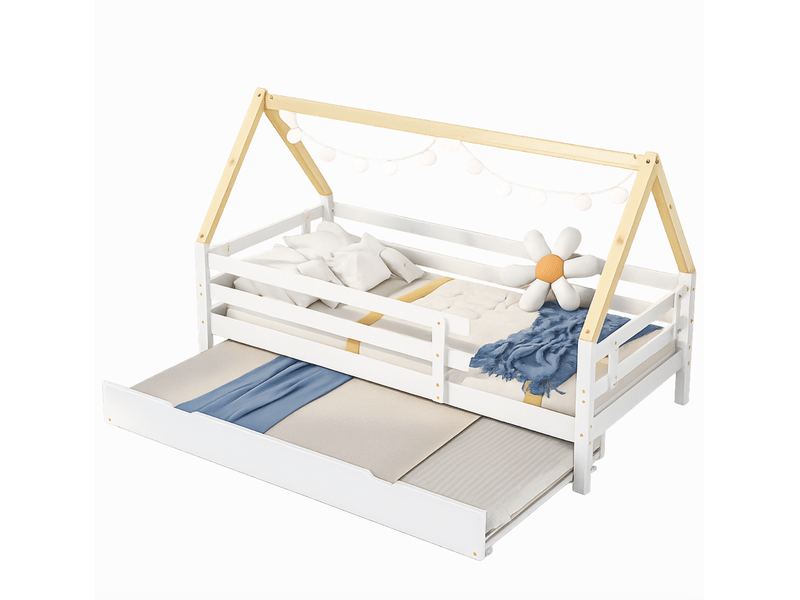  Lit cabane 90x200 cm, lit enfant avec lit gigone et roulettes en bas, en bois massif, blanc, sans matelas  - Conforama A