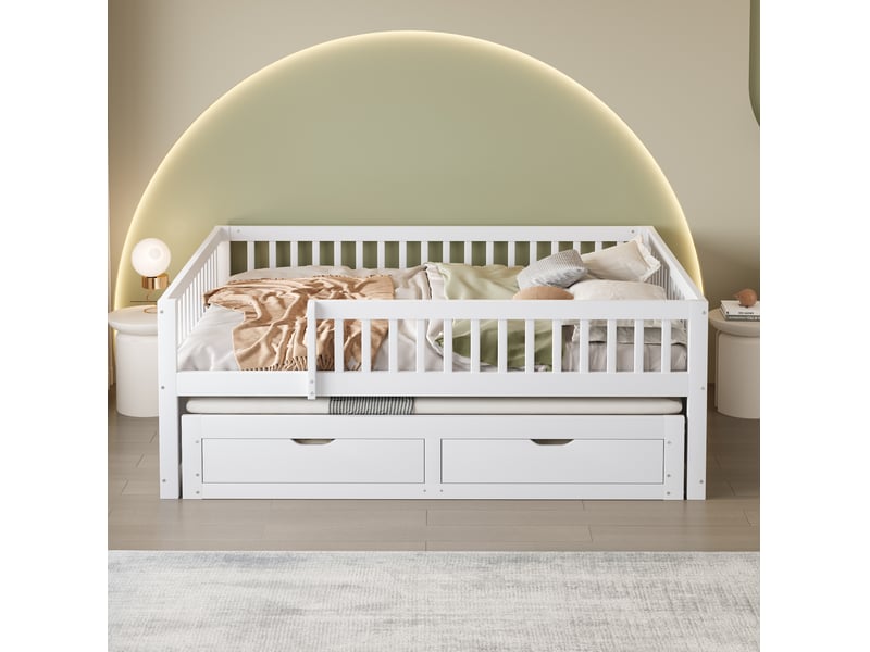  Couchage gigogne, 140x200 cm, avec garde corps intégral, 2 tiroirs pratiques, matelas non inclus, bois, coloris blanc  - Conforama E