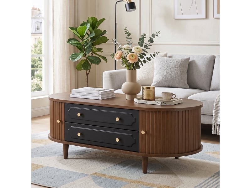  Table basse effet noyer et noir avec tiroirs, style rétro 100x50x36cm  - Conforama B