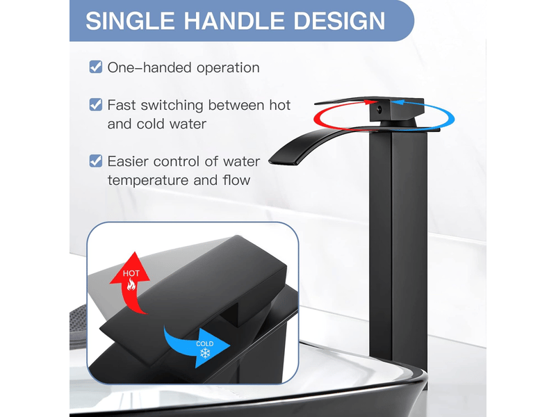  Robinet de lavabo moderne à haute cascade, design élégant, robinet de lavabo à levier unique en laiton, eau chaude et froide, noir  - Conforama C