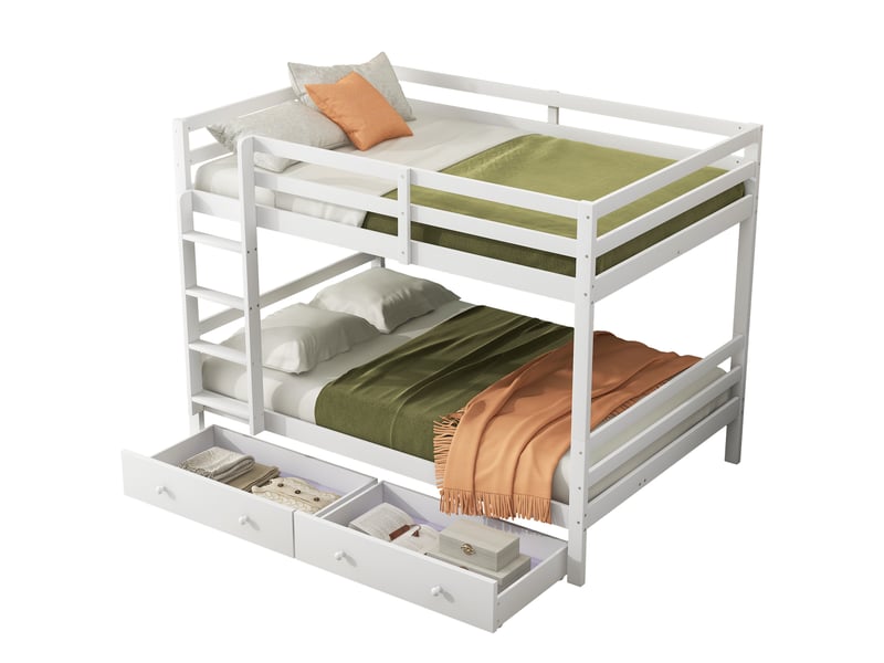  Lit superposé enfant 200×140 cm avec tiroirs et rangement sous le lit, en pin et mdf blanc  - Conforama A